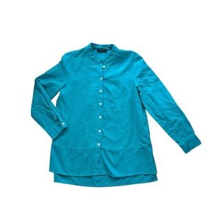 Tahari Linen Blend Tunic Top Blouse Sz L Hi Lo Gem LS Teal Button Up Lagenlook